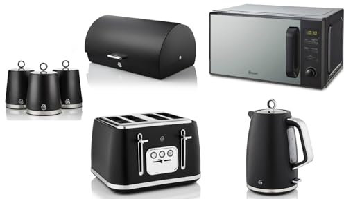 Swan Serenity Black 1.7L 3KW Kettle, 4 Slice Toaster, Bread Bin, Canisters and 20L 800W Digital Microwave SM4421BLK. Contemporary Design Matching Swan Kitchen Set of 7 with a Sleek Black Finish