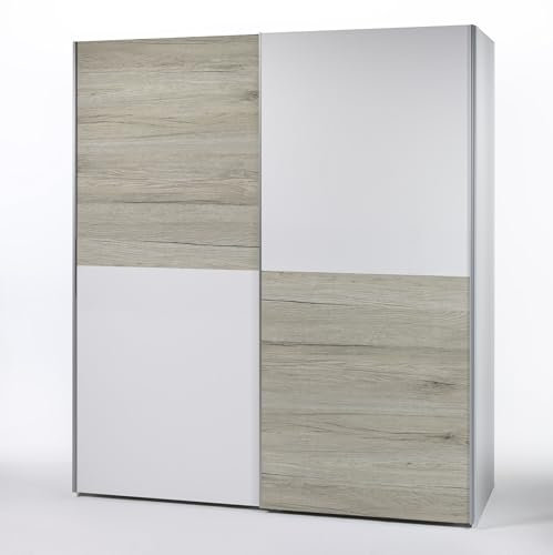 möbelando Schwebetürenschrank >Time< mit Schachbrett-Front in Weiß/Eiche San Remo Dekor, 170x195x59 cm, Pflegeleichte Dekorfolie, 2 Türen, 2 Kleiderstangen, 2 Böden, modernes Design