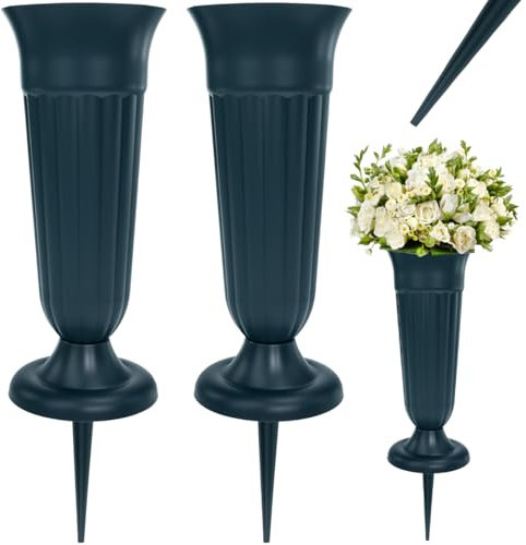 VGECEE 2 PZ Vasi per Cimitero, Vaso Cimiteriale con Base e Picchetto, Portafiori Tomba Rimovibili in Plastica per Tombe/Lapidi, Decorazione per Lapidi, Resistente a Gelo e Intemperie(Verde Scuro)