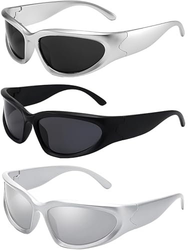 JazRvr 3 Stück Festival Sonnenbrille, Schnelle Brille Rave, Y2K Accessoires, Futuristische Sonnenbrillen UV400, Schwarz Silber Weiß