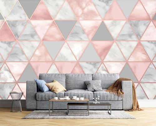 3D Tapete Wanddeko - Rougepuder Fototapete 3D Effekt - Tapete Für Wohnzimmer Schlafzimmer Wandtapete - Dreieckiger Marmor Fototapeten - Romantische Geometrie Motiv - 300X210Cm