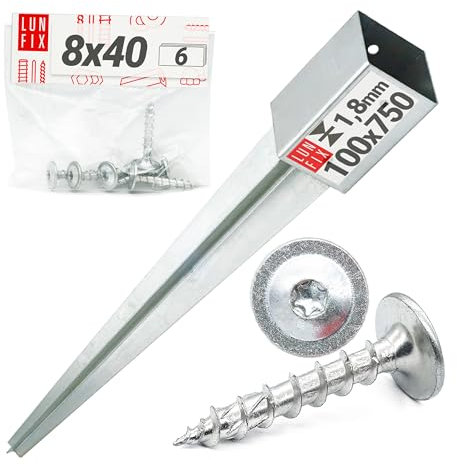 Einschlag-Bodenhülse 100x100mm Höhe 750mm Wandstärke 1.8mm aus Stahl feuerverzinkt inkl. 6 Schrauben 8x40 mm Torx T30 für Pfostenträger, Zaunbau, Garten, Pergola