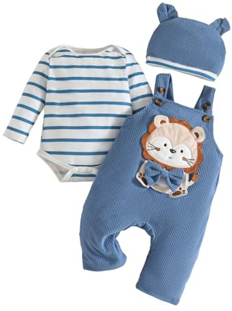UUAISSO Bébé Garçon Vêtements Manches Longues Rayures Hauts Dinosaure Imprimé Salopette Réglable Bretelles Pantalon Tenue Ensemble
