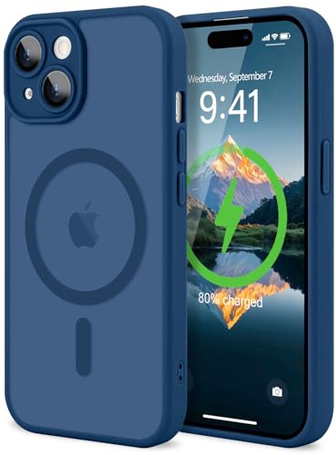 LAPOPNUT Magnetic Case for iPhone 15[Compatible with Magsafe],Full Camera Protector Silicone Phone Case,Translucent Matte Slim Shockproof Bumper Cover for iPhone 15 6.1,Navy Blue