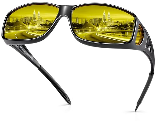 URUMQI Night Vision Driving Glasses Fit Over Eyeglasses for Men Women, Anti Glare Polarized Nighttime Glasses Yellow Lens