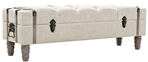 Mhdvray Banc de rangement 111 x 34 x 37 cm en bois de sapin massif avec revêtement en tissu blanc crème et pieds en acier, coffre de rangement peu encombrant pour couloir, chambre et balcon