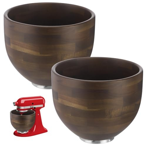 Funabridge 2 Pcs Acacia Wood Mixing Bowls, Wooden Bowls, Compatible with 4.5 Qt & 5 Qt Tilt-Head Stand Mixers, Dough Salad Baking Containers with Metal Base