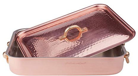 Pentole Agnelli ALCM150M36 Rôtissoire en cuivre martelé étamé à la main avec couvercle et pont en laiton, 36 x 26 cm