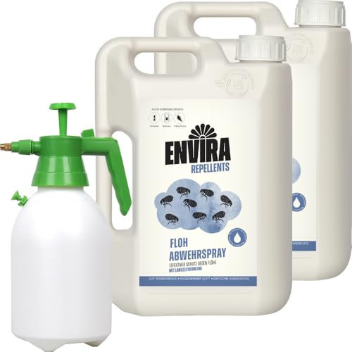 Envira Floh Abwehrspray 2 x 2 Liter + 2L Drucksprüher - Spray mit Langzeitwirkung gegen Flöhe, Katzenfloh, Hundefloh - Mittel gegen Flöhe für Wohnung & Möbel - Effektives Flohmittel & Flohschutz