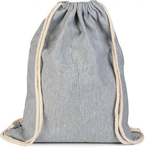 styleBREAKER Turnbeutel mit Strass Anker Applikation, Glitzerstein Rucksack, Beutel, Unisex 02012124, Farbe:Hellgrau meliert