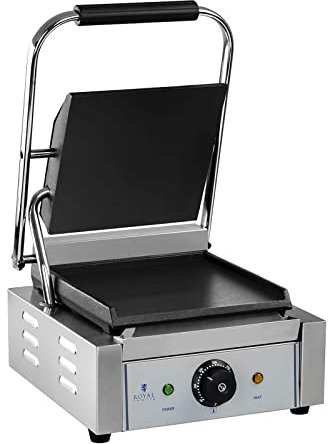 Royal Catering RCKG-1800-F Kontaktgrill Elektrogrill Sandwich Maker Panini Grill (Glatt, 1.800W, 300°C, Gusseisen emailliert, Edelstahl, 23,5 x 22,5cm)