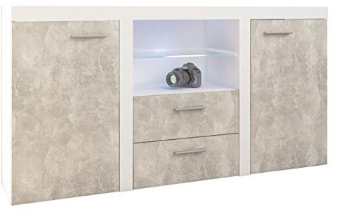 Kommode Rango mit Glasboden, Highboard Sideboard, Anrichte, Naturtöne, Mehrzweckschrank, Wohnzimmerschrank, Anrichte, Schrank (ohne Beleuchtung, Weiß/Beton Hell)