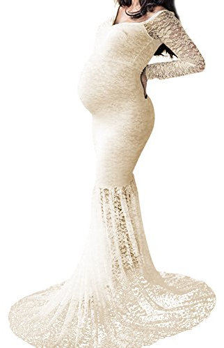 IBTOM CASTLE Robe Grossesse de Photographie Elégante Vetements Maternité Robe Longue en Dentelle Epaule Dénudé Femme Enceinte Costume Habillée de Shooting Photo Plage Mariage Soireé Cérémonie Beige S