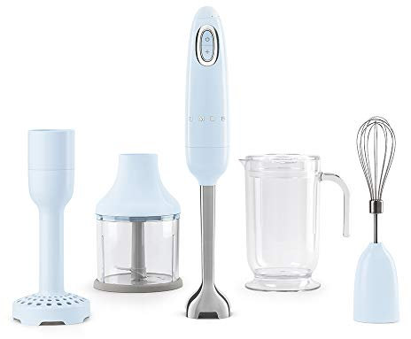 Smeg HBF02PBUK Hand Blenders with Turbo Function, 4 Attachments, Retro 50's Style, 700W, Pastel Blue