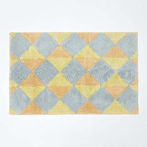 Homescapes Badematte rutschfest, waschbarer bunter Badteppich, 100% Baumwolle, Antirutsch Badvorleger mit Harlekin-Muster, Große Duschmatte im Pastell Farben 50 x 80 cm, gelb und grau