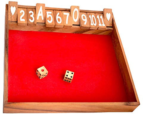 Shut The Box 12 Large grünes Klappenspiel als Holzbox mit 12 Klappen Knobelholz Kinderspiel, Würfelspiel, Trinkspiel, Rechenspiel für Kinder Gruppenspiel