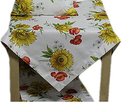 Hossner Pianta Tischdecke Mitteldecke Sonnenblume Mohn Weiß Bunt Baumwolle (Mitteldecke 85 x 85 cm)