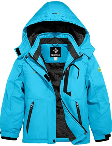 GEMYSE Veste de Ski pour Fille Enfant Manteau Hiver Chaud Imperméable Coupe-Vent avec Capuche et Doublure Polaire pour Neige et Montagne(Bleu1 Clair,140-146)