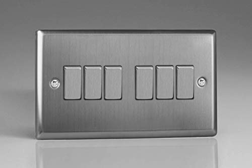 VARILIGHT Brushed Steel Classic 6-Gang 10A 1- or 2-Way Rocker Switch (Twin Plate) XT96D