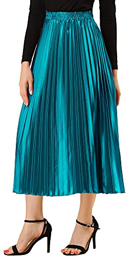 Allegra K Damen Weihnachten Hohe Taille A-Linie Elastisch Plissee Metallisch Party Faltenrock Maxirock Rock Pfauenblau L