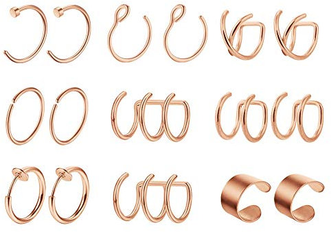 Mayhoop 8 Paar Ear Cuff Edelstahl Ohr Manschette Nicht Piercing Clip auf Knorpel Ohrringe Fake Nasenpiercing Nasenring Fake Helix Lippenpiercing für Männer Damen Rosegold