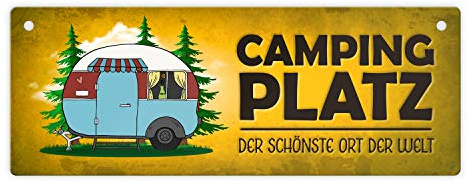 Campingplatz Metallschild in gelb mit Wohnwagen Motiv Wohnmobil Urlaub Hobby Ort