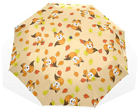 Rootti Regenschirm, 3 Falten, leicht, bunte Blätter mit Fuchs, Ein-Knopf, automatisches Öffnen und Schließen, winddicht, für Kinder, Damen und Herren