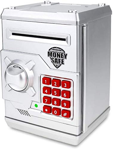 Qwifyu salvadanaio elettronico, con password, per monete e banconote, un giocattolo per i bambini, da regalare per il compleanno (Rosa) (argento)
