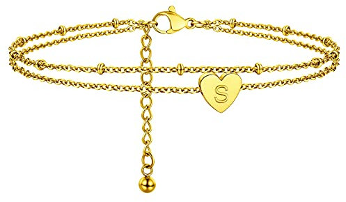 PROSTEEL doppellagige Knöchelkette 18k vergoldet Buchstabe S Herz Charm-Fußkette 22+5cm Fusskettchen mit Initiale schlichte Fußarmband Fußschmuck Accessoire für Frauen Mädchen
