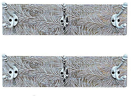etc-shop Wandgarderobe 39 cm Garderobenbrett mit Haken Holz Garderobenleiste Vintage Shabby Hakenleiste Garderobe 3 Haken, Palmenblätter Design, Metallhaken mint natur, H 10 cm, 2er Set