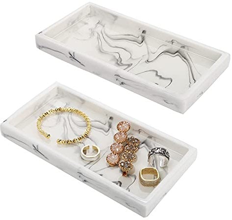 ZENFUN 2 Pack Marble Resin Tray, Jewelry Tray Vanity Organizer, Countertop Mini Dish Cosmetics Holder for Candle, Perfume, Soap, Small Plant, Bathroom, Home Decor, White, 20x10x2 CM
