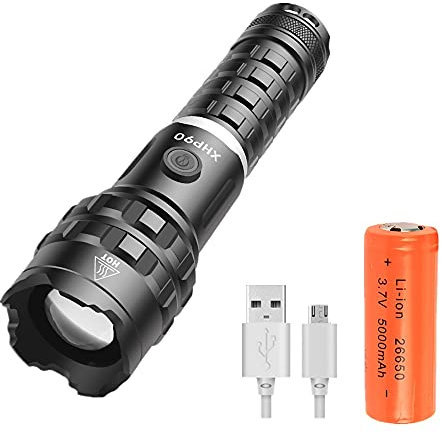 WINDFIRE Potente Linterna Táctica LED USB Recargable 30000 Lúmenes XHP90 LED Zoom Linterna Militar, 5 Modos de iluminación Linterna de Mano Impermeable IPX6 con Batería 5000 mAh, Camping Senderismo