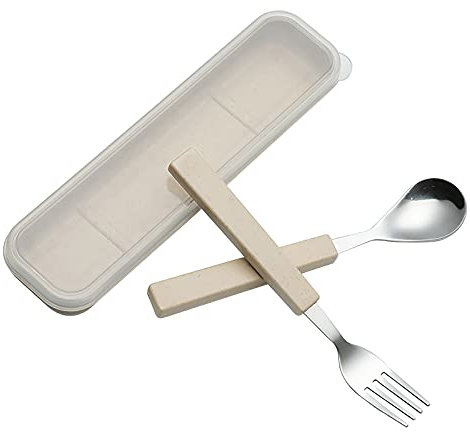 VANRA 2-Piece Set Posate per Bambini in Acciaio Inox 18/10 Argento Bambino Stoviglie Posate Posate Utensili forchetta e Cucchiaio da tavola con Custodia da Viaggio per Bambini Bambini (Cromato)(crema)