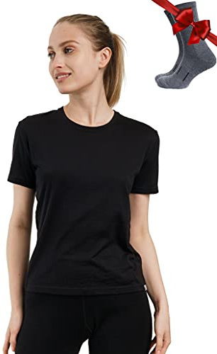 Merino.tech 100% Merino T Shirt Damen - Merinowolle Sport Wandern Thermoshirt Damen + Wandersocken (Medium, Black Crewneck)