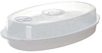 BESTonZON Cuit Vapeur Micro-ondes pour Poisson et Légumes, Cuiseur avec Couvercle pour Cuisine Saine, Plat de Cuisson Blanc 32,7x18,6x9,5 cm, Accessoire Vapeur Rapide et Pratique