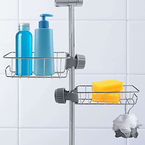Gvolatee Duschablage für Duschstange, Wasserhahn Regal Edelstahl 304, Küchenarmatur Schwammhalter, Spülbecken Organizer Ohne Bohren, Seifenhalter Dusche, Rutschfeste Lagerregal, Duschkorb für 15-30mm