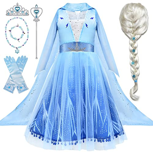 Tacobear Deguisement Reine Des Neiges Fille avec Elsa Perruque Couronner Baguette Magique Collier Bracelet Robe Reine Des Neiges Princesse Elsa Costume pour Fille Carnaval Déguisement 2-10 Ans