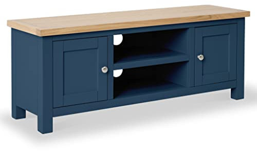 Farrow Navy Blue 120cm Large TV Unit for Living Room | Roseland Furniture Fully Assembled Painted Solid Wooden Television Cabinet Stand with Oak Top | Suitable for TVs up to 54 inches