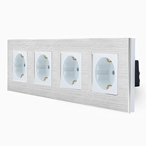 Luxus-Time 4-Fache Steckdose im vierfachem Design Aluminiumrahmen für die DE Unterputzdose Einbau Dose vierfach Schuko Stecker in Weiß LXBA4-11-71-11