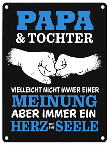 Papa & Tochter, ein Herz und eine Seele Metallschild in 15x20 cm mit Spruch in blau als schöne Dekoration für Papas Lieblingsplatz, um die Freundschaft zwischen Vater und Kind zu