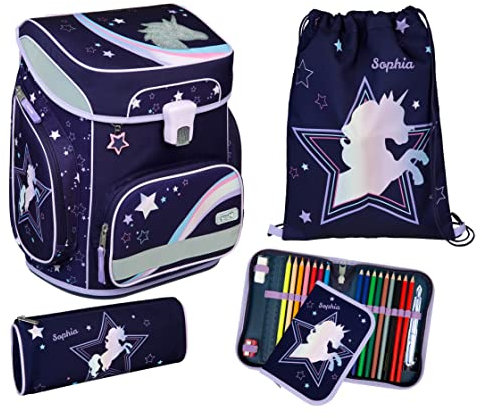 Undercover Schulranzen Set 5-TLG Mädchen 1. Klasse Grundschule | Mit personalisiertem Inhalt Turnbeutel Federmappe mit Name | Motiv Einhorn Dreamland Sterne Pailletten in lila