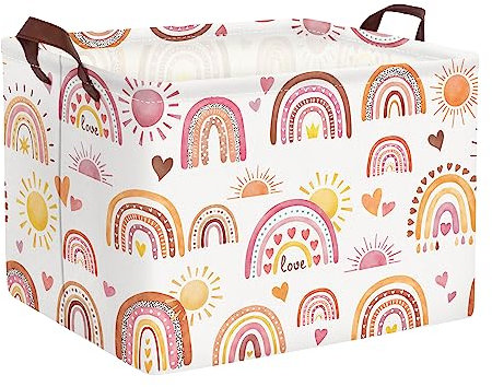 Clastyle Paniers de Rangement Arc en Ciel Le Cœur Rose Marron Rectangulaire Boîtes de Rangement Jouets Vêtements pour Maternelle Salle Classe, 40x30x30 cm