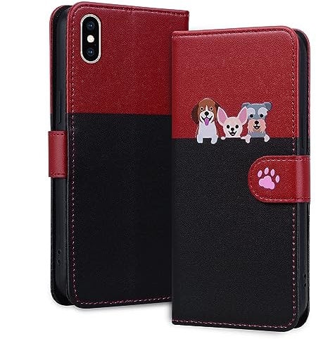 Tiyoo Lovely & Cute Flip Wallet Phone Case for iphone 11Pro Max with Cartoon Cat&Dog Pattern,Premium Magnetic PU+TPU Leather for high protection Phone Cover for iphone 11 Pro Max(Black Red)