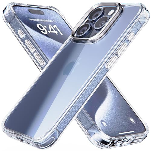 REBEL iPhone 15 Pro Clear Case [Crystal Series Gen-5] Transparent, Dual Anti-Scratch, Vergilbungsfrei, Schützende Stoßfänger, Metalllinse & Tasten, 6,1 Zoll Phone 2023 (Klar, kein Magnet)