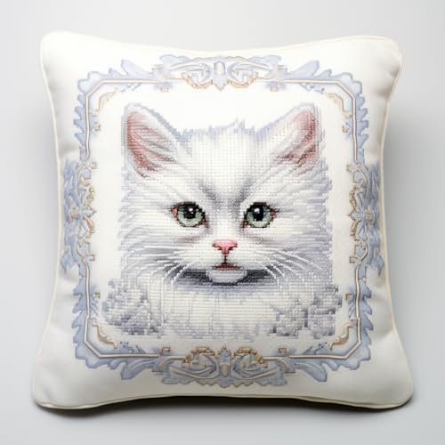 Taxpy DIY-Nadelspitzen-KissensetWeiße Katze Tier Knüpfhaken-Set für Anfänger，Erwachsene，Teenager，Stick-Sets，Heimdekoration 17x17in