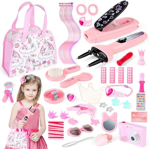 deAO Friseurkoffer Schminkset Spielzeug 34-teilig, Kinder Schmuckset mit Haarstyling Zubehör Handtasche Haarflechter Mobiltelefon Prinzessin Schminkspielzeug für Mädchen