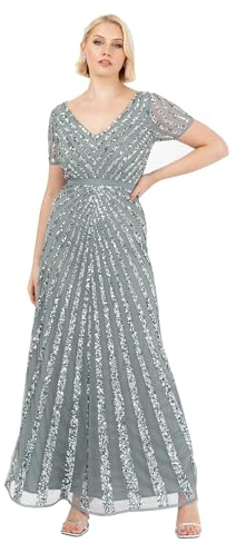 Maya Deluxe Womens Maxi Ladies Embellished Sequin Long Short Sleeve V Neck High Empire Waist Cut Shiny Prom Wedding Bridesmaid Dress Misty Green Size 26