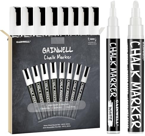 GAINWELL Weißer flüssiger Kreidemarker 3mm und 6mm Spitzen - Verwendung auf Kreidetafel, Whiteboard, Glas - 8er Pack - Wasserbasierender Stift zum Abwaschen mit Feuchttuch