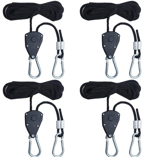 Dazhtu 4 Pezzi Cricchetto di Corda Regolabili, Corda Cricchetto con Gancio 1/8 Rope Ratchet Regolabili Corda a Cricchetto Ganci Cricchetti Pesanti per Pianta Crescere Lampada, Tenda, Escursioni