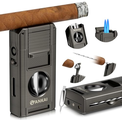 FANKAI Allume-cigare, briquet à cigarettes 5 en 1 avec emporte-pièce en V, poinçon à cigarettes, support à cigares, jeu de poker à cigarettes, briquet au butane, flamme double jet, cadeau de